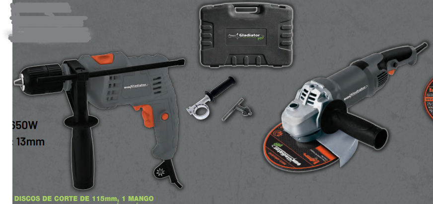 KIT TALADRO PERCUTOR + AMOLADORA ANGULAR + ACCESORIOS